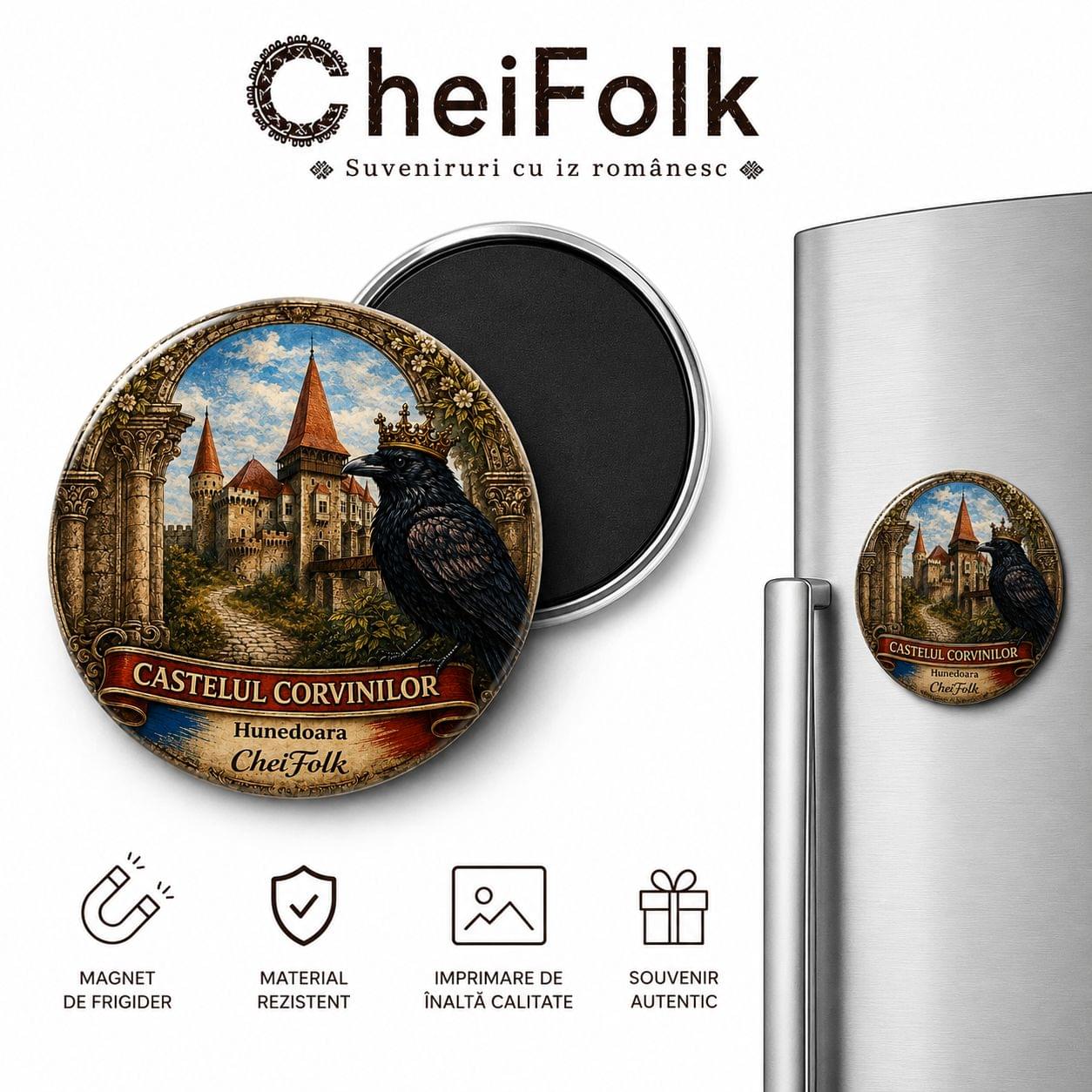 Magnet Castelul Corvinilor Hunedoara suvenir românesc CheiFolk expus pe frigider