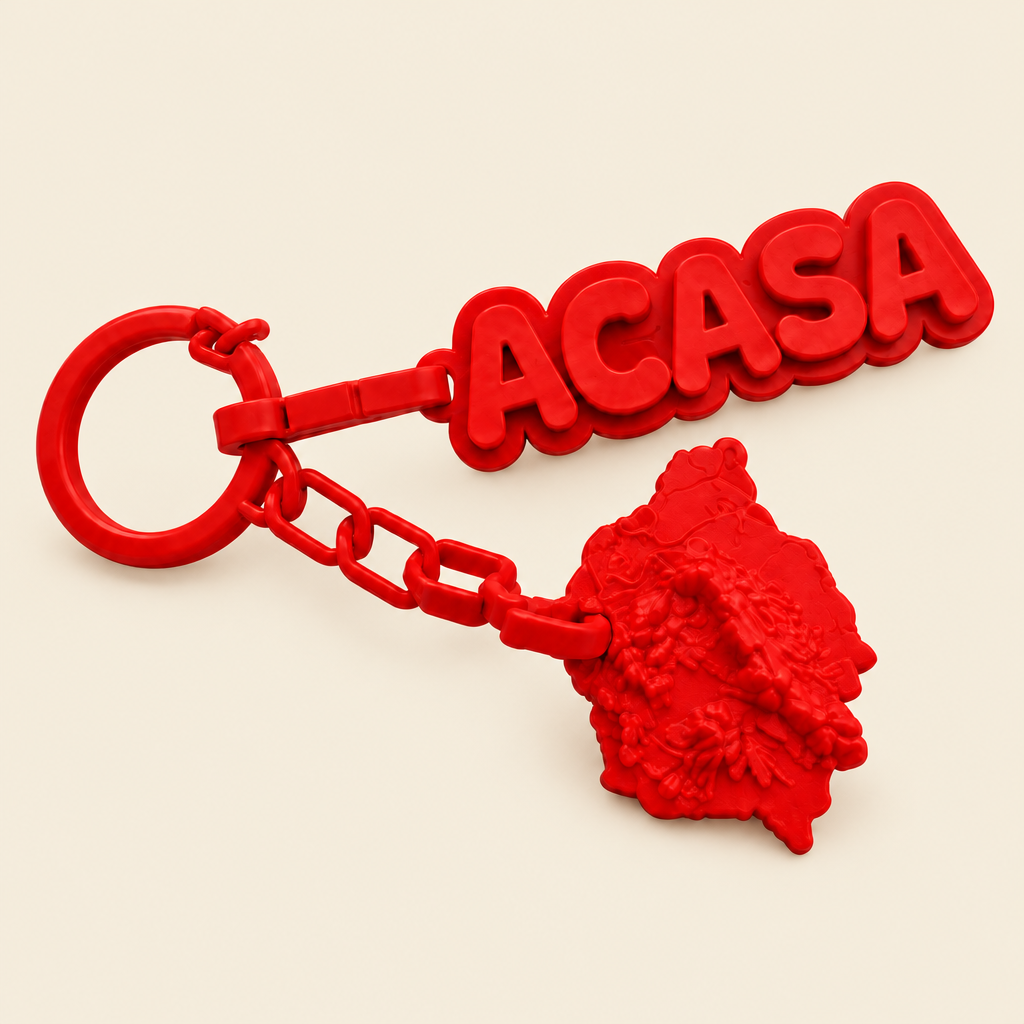 Breloc ACASA rosu cu harta Romaniei pe fundal crem