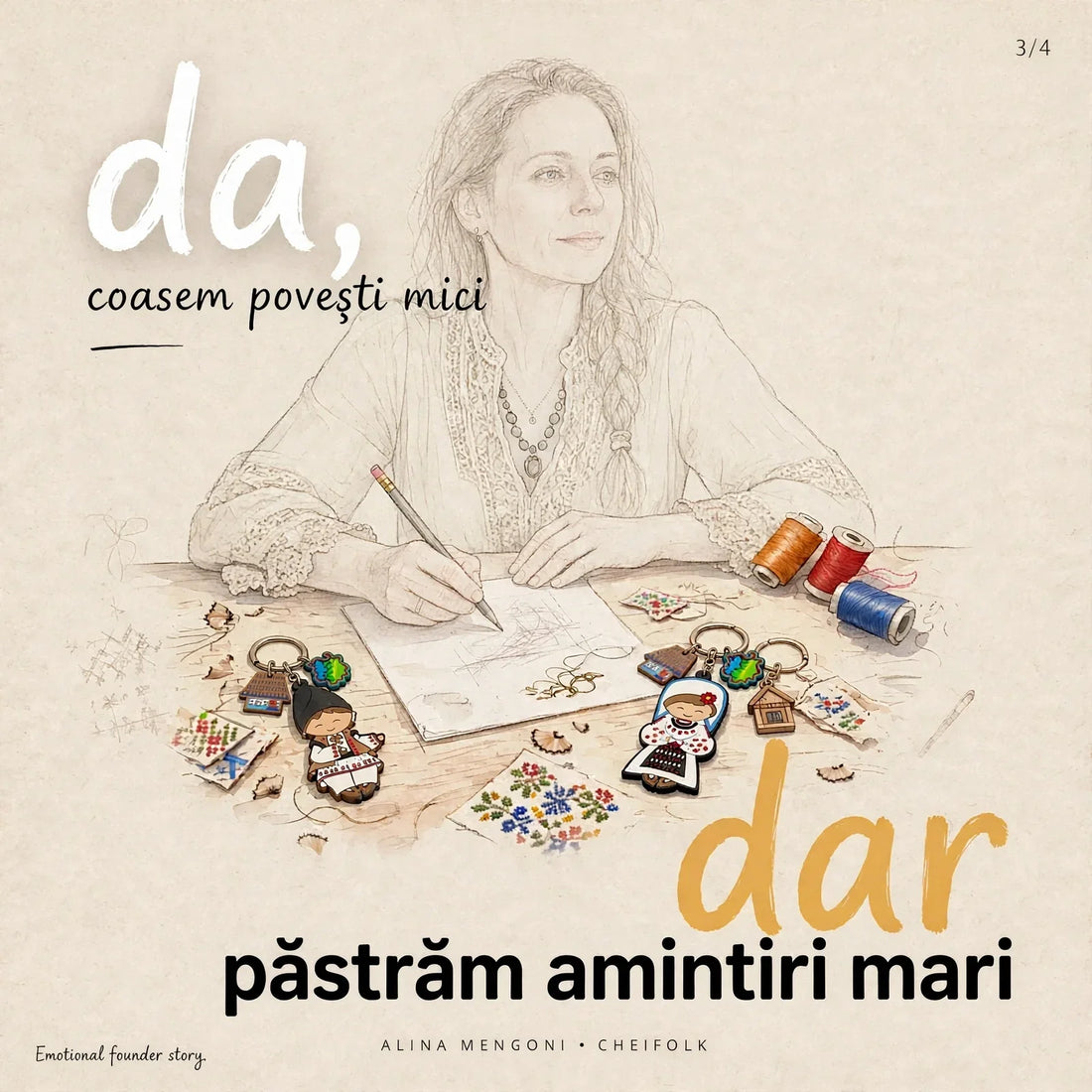 Alina Mengoni desenând la masa de lucru CheiFolk, alături de brelocuri tradiționale românești Mândra și Flăcău, inspirate din motive populare românești.