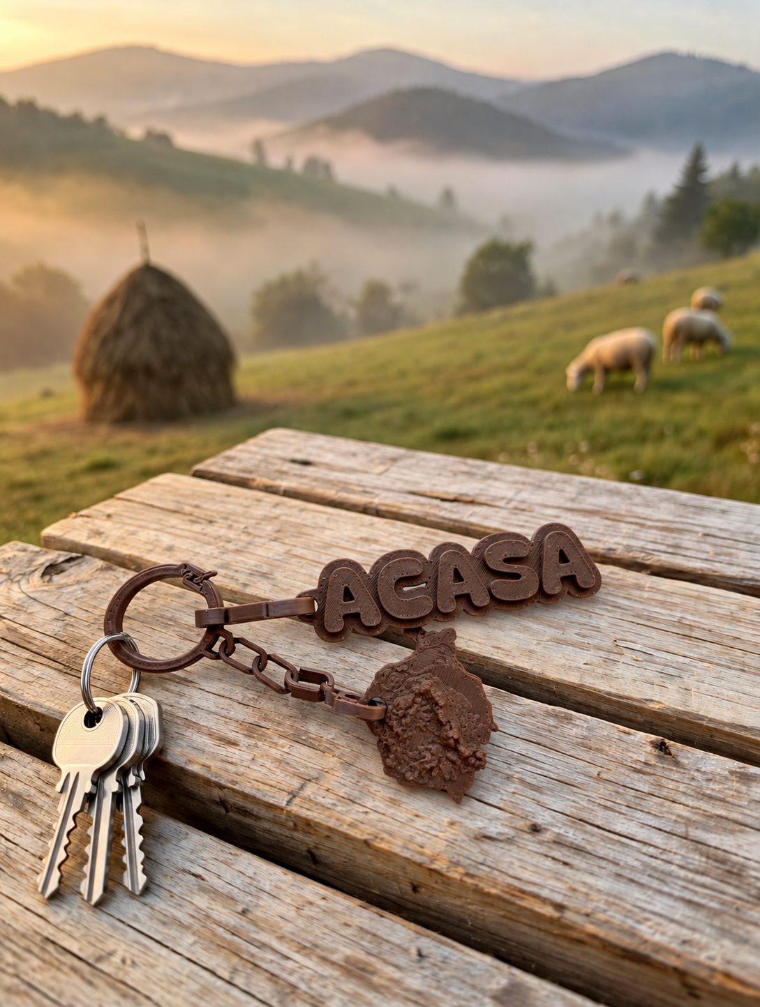 Breloc ACASA maro cu harta Romaniei si chei pe o masa din lemn, cu peisaj rural la rasarit