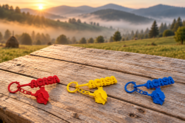 Trei brelocuri ACASA cu harta Romaniei, rosu, galben si albastru