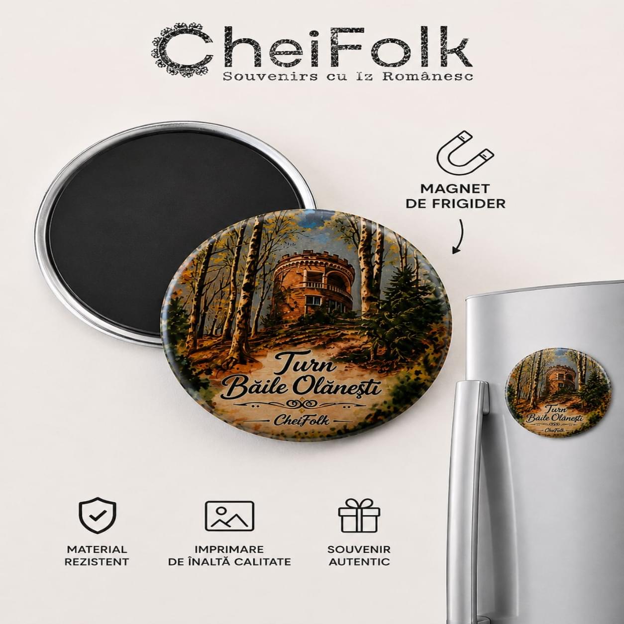 Magnet suvenir Băile Olănești România CheiFolk expus  pe frigider