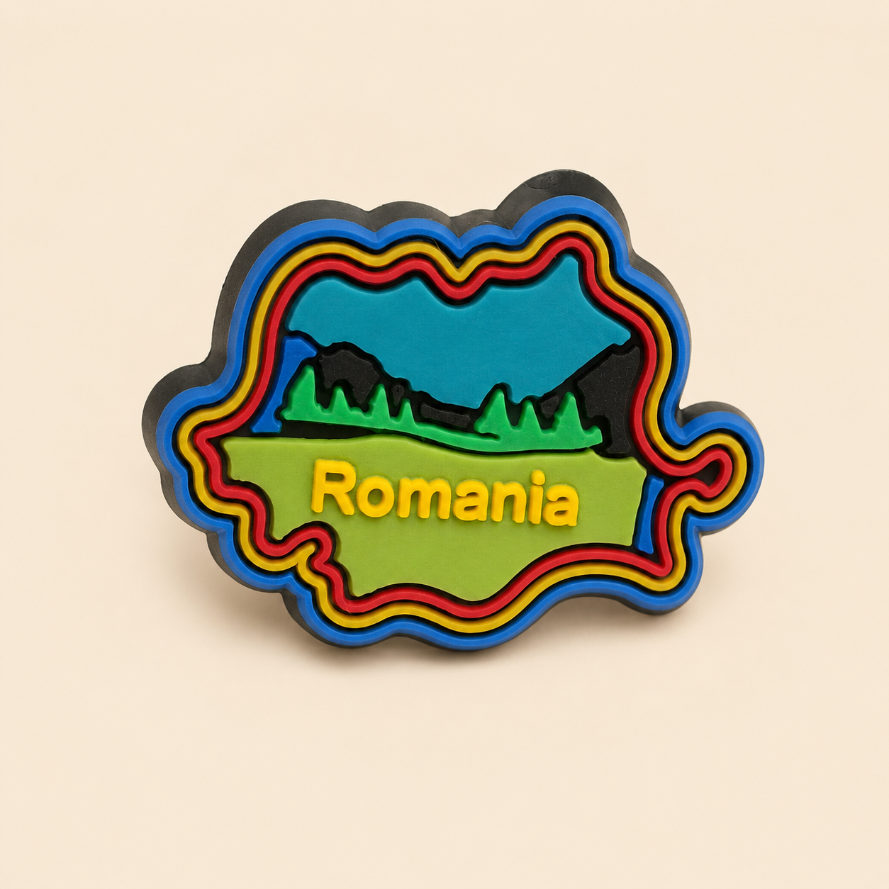Broșă România CheiFolk cu motive tradiționale și peisaj montan, pe fundal crem